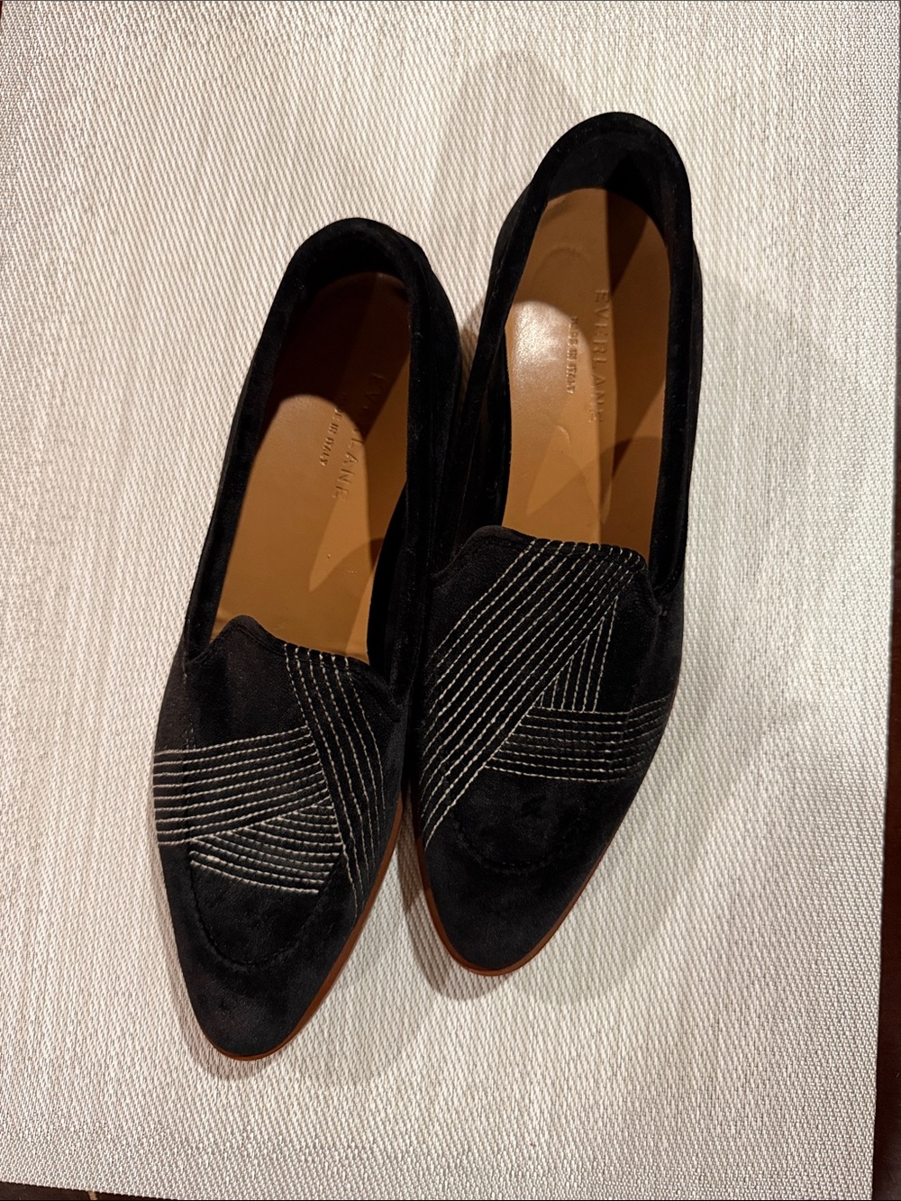 Everlane Black Suede Pointed Loafers with Contrasting Stitching size 8 1/2